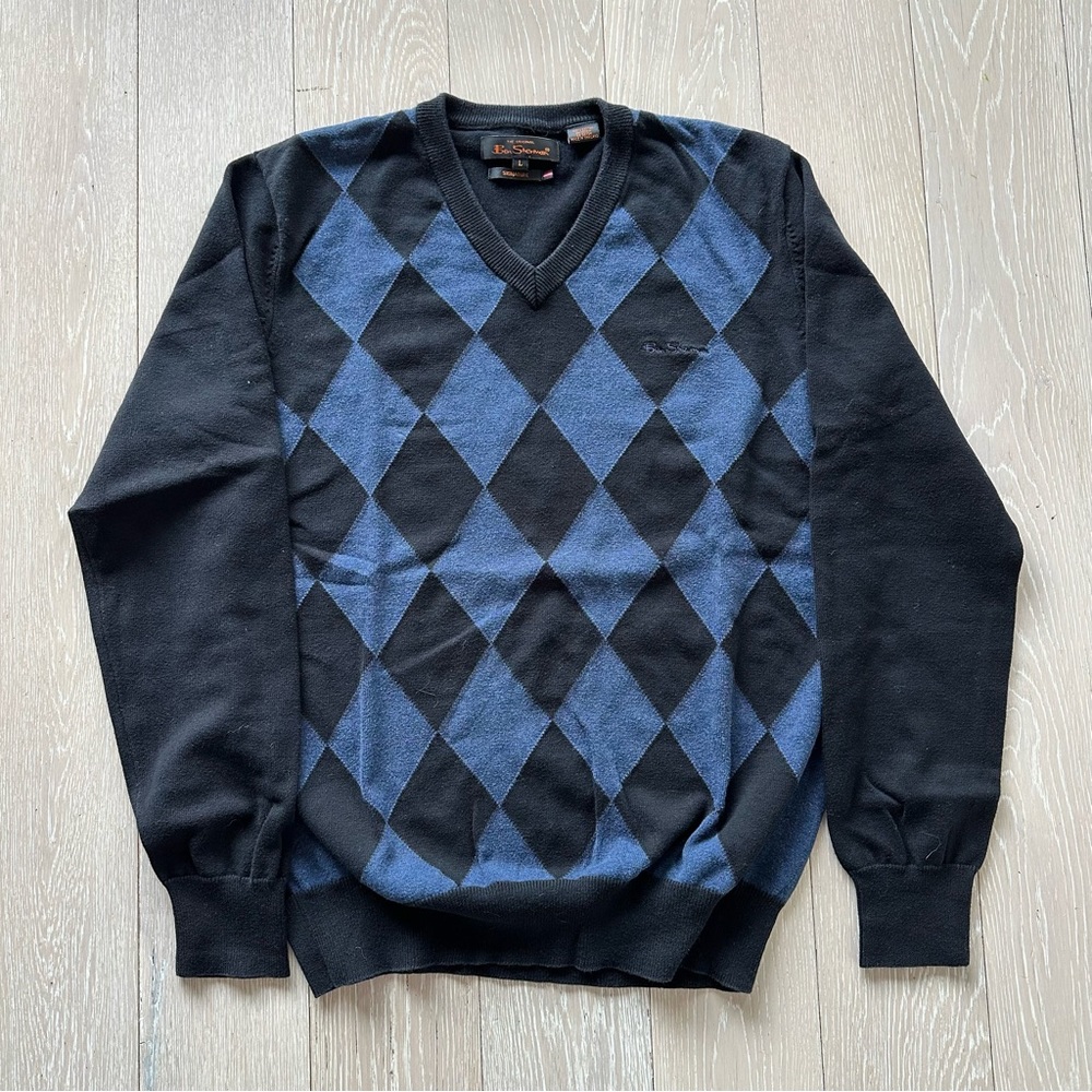 BEN SHERMAN Argyle V Neck, Classic Diamond Pullover, Large (L) Men’s